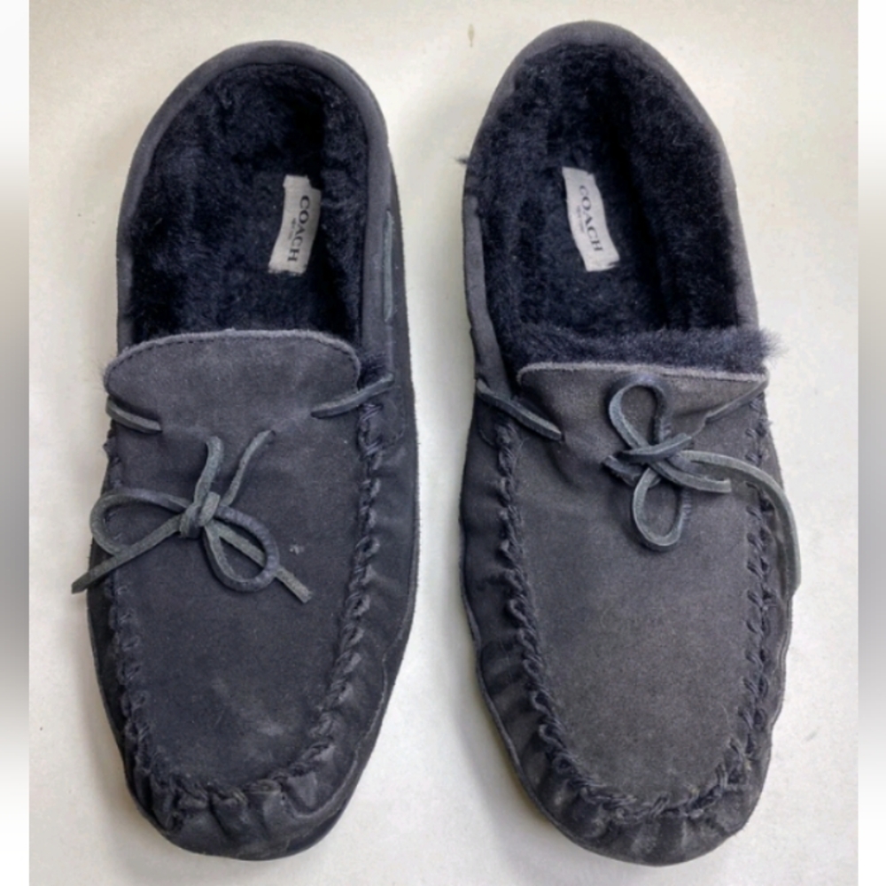 Coach Moccasin Slippers Mens 10 D Black Suede Fleece Shearling Fur Slip On Shoes